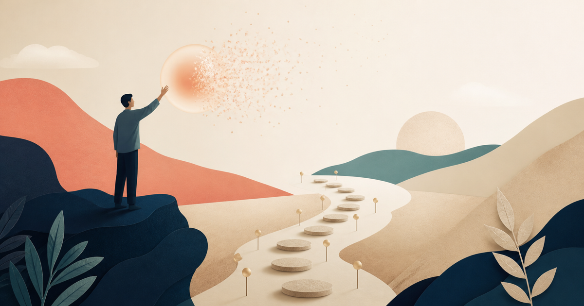 Lound editorial illustration of a hand reaching for a floating certainty cue that dissolves, while a clearer path forms through testing and reflection.