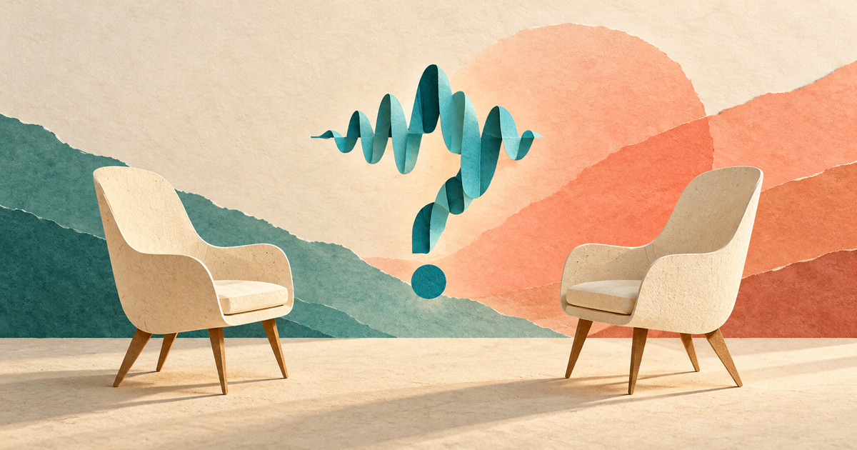 Two abstract paper chairs face each other with a teal waveform folded into a questioning curve between them.