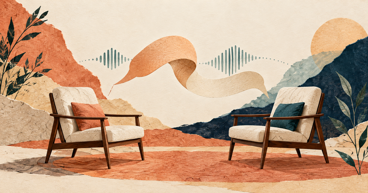 Two empty chairs face each other with a single warm paper speech ribbon between them and a subtle teal waveform.