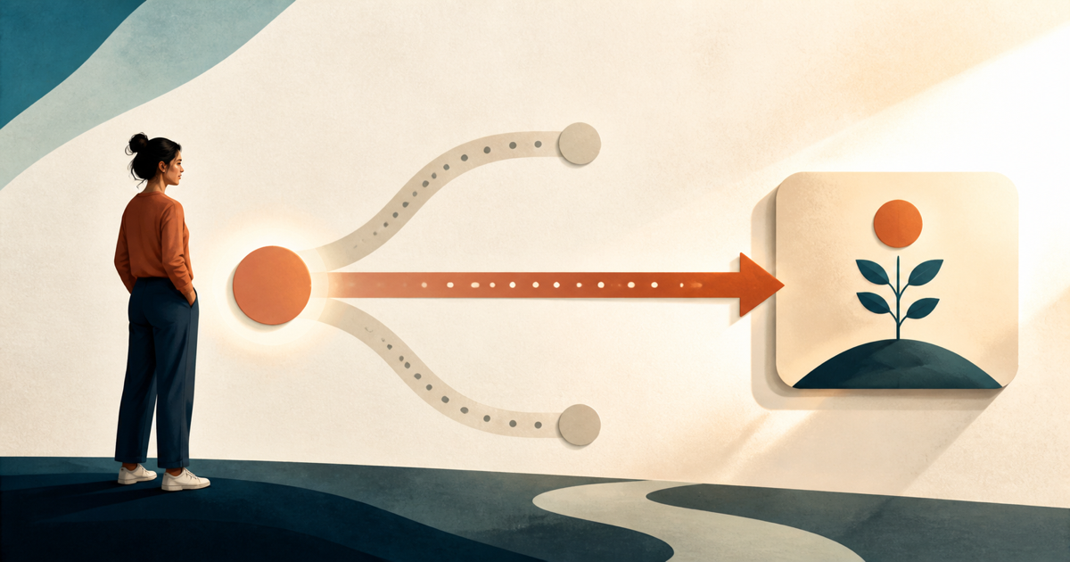 Lound editorial illustration of a clear spoken cue connecting directly to a simple next action.