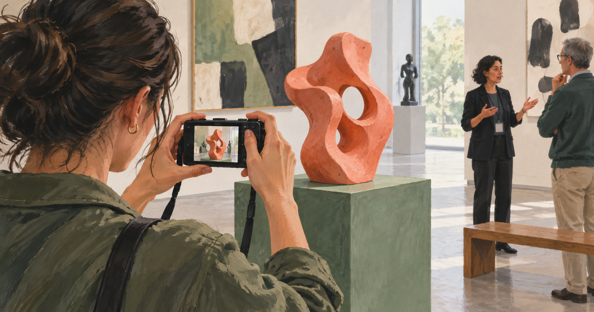 A camera frames a bright museum sculpture while visitors and a guide remain outside the viewfinder.