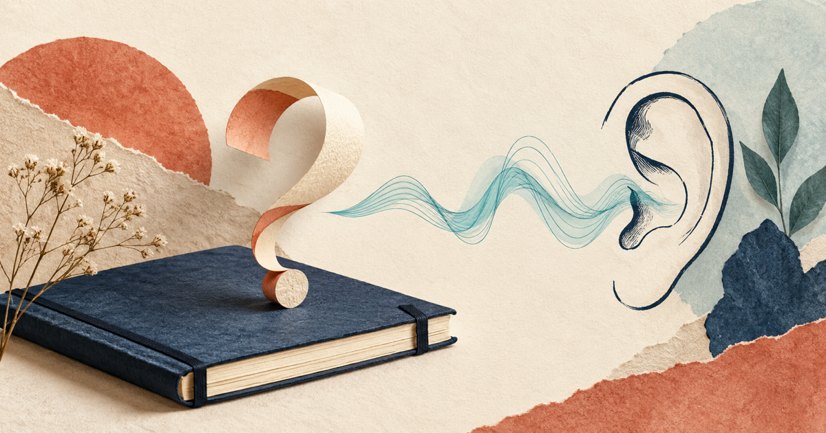 A small paper question mark-shaped ribbon rests beside a notebook, a listening ear outline, and a teal waveform.