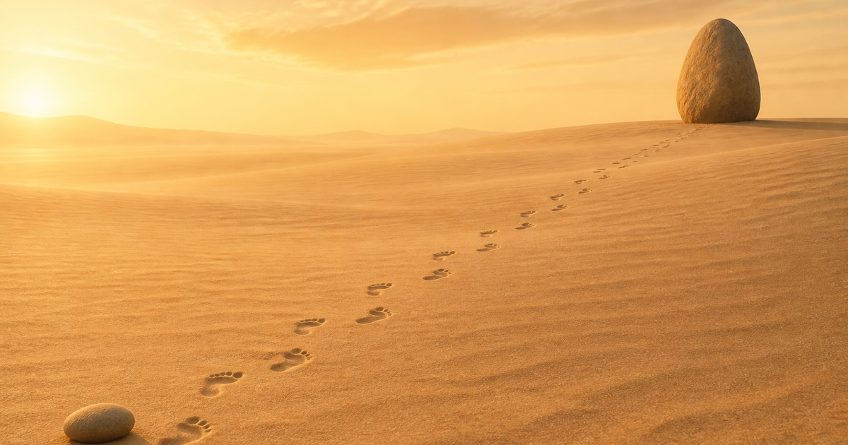 Lound editorial illustration of a long, uneven trail of small footprints on warm sand, where a short marker at the start is dwarfed by a distant, much farther finish stone.