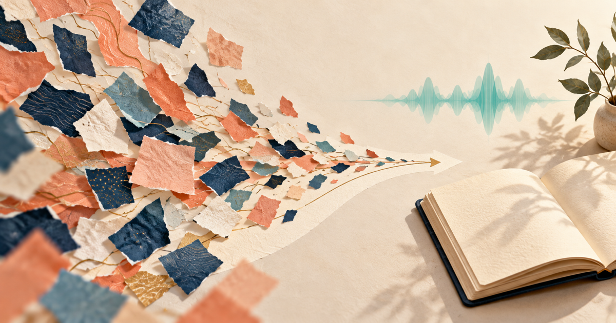 Loose coral and blue paper fragments flow into one small marked path beside an open journal and teal sound wave.