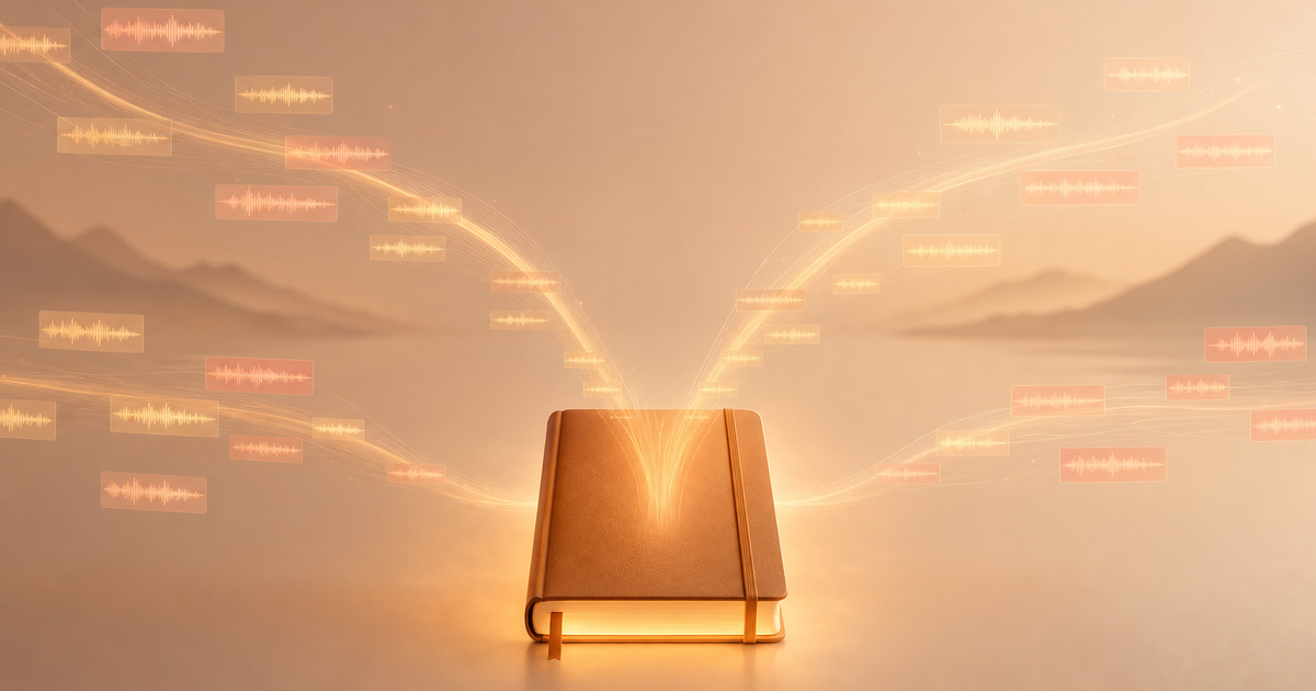 Lound editorial illustration of scattered audio waveform strips being gathered and bound into a single warm-toned journal, with three diverging paths leading into it.