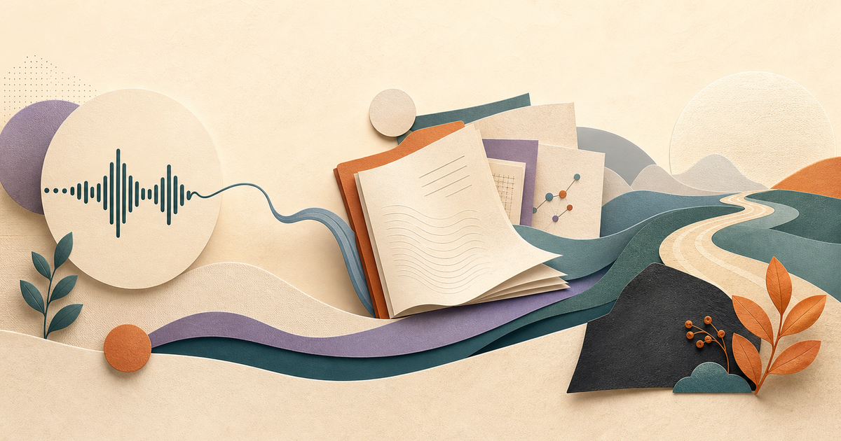 Lound editorial illustration of a voice waveform becoming a roadmap of journal pages, research layers, and clarity markers.
