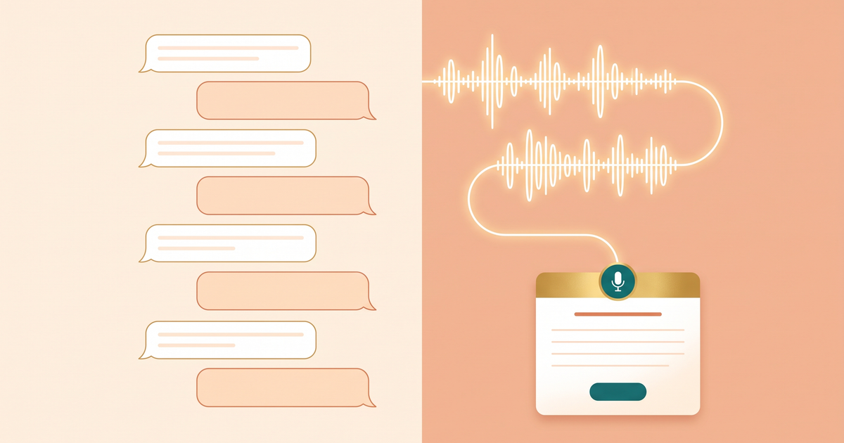 Split illustration contrasting a column of empty chat bubbles with one continuous glowing voice waveform that settles into a single journal card.