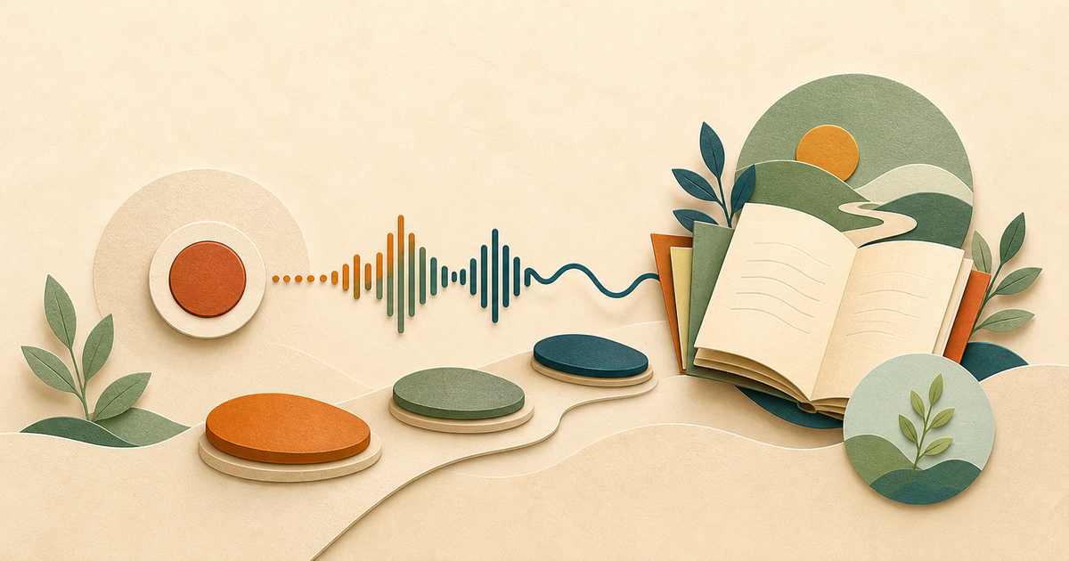 Lound editorial illustration of a record button, voice waveform, and stepping-stone path into reflective journal pages.