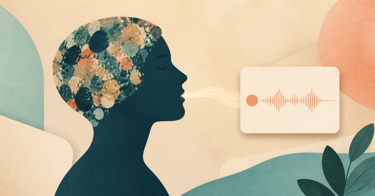 Lound editorial illustration of a spoken thought leaving a crowded head and settling into a simple recorded cue card.