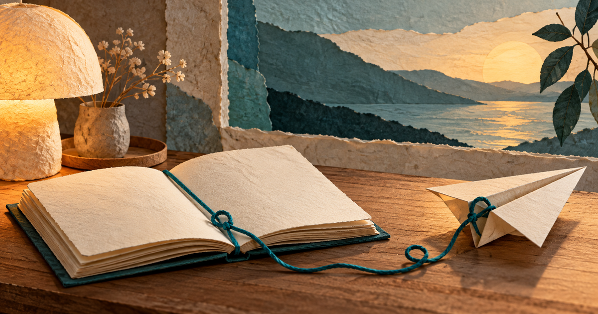 A folded paper airplane rests beside a journal, connected to a relaxed teal thread under a warm lamp glow.