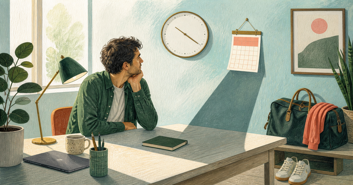 Lound editorial illustration of a person beside a packed bag while the shadow of a calendar appointment stretches across a morning workspace.