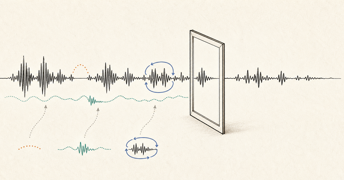 Lound editorial illustration of a rich voice transcript passing through a narrow summary frame while small qualifiers remain outside.