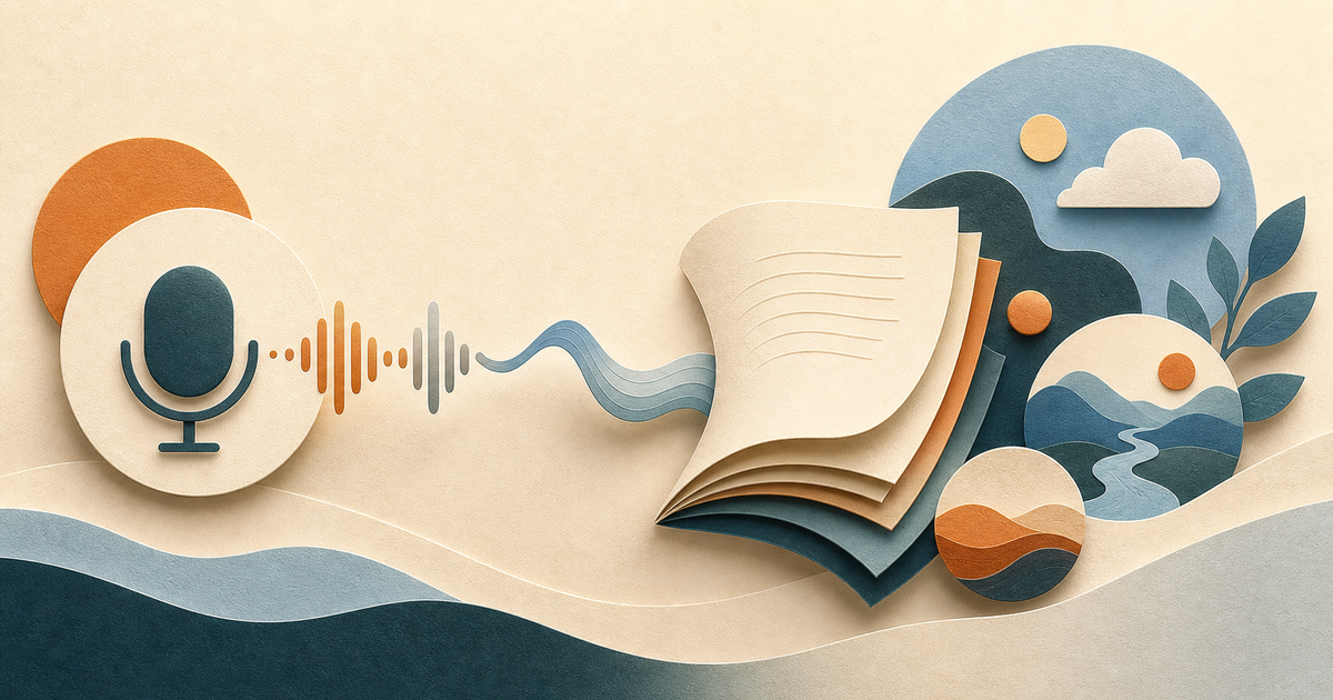 Lound editorial illustration of a spoken waveform turning into layered private journal pages.