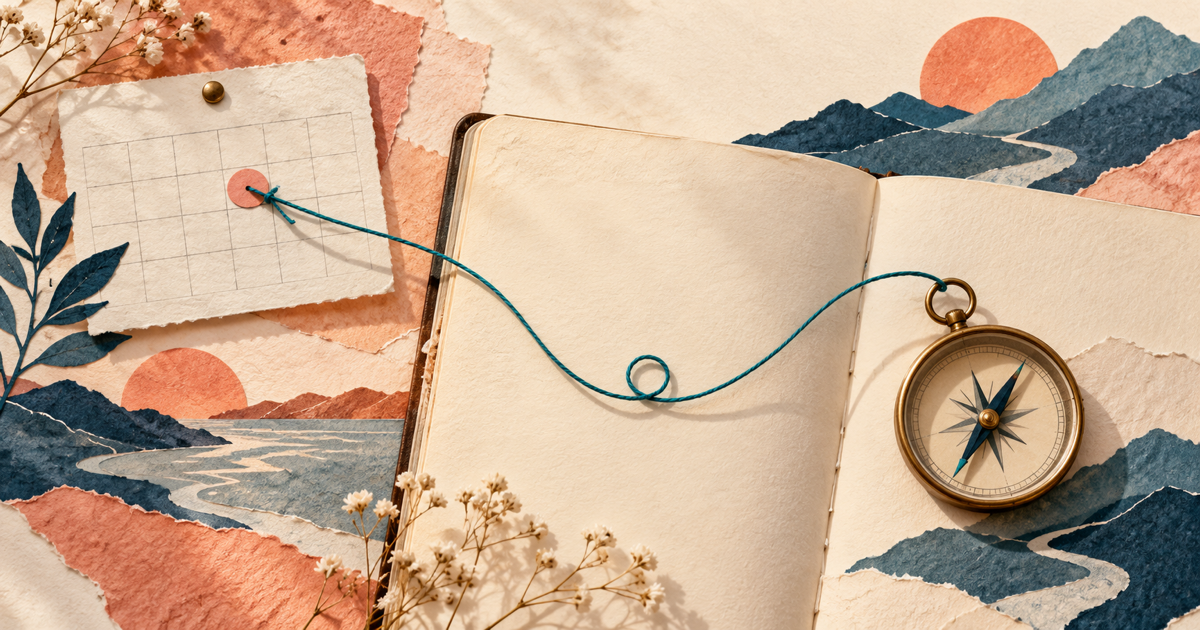 A paper calendar card and a small compass sit on opposite sides of a teal thread over an open journal.