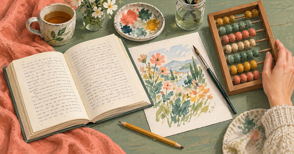 An open novel and sketchbook sit beside an abacus, with a hand moving the counting frame away from the reading space.