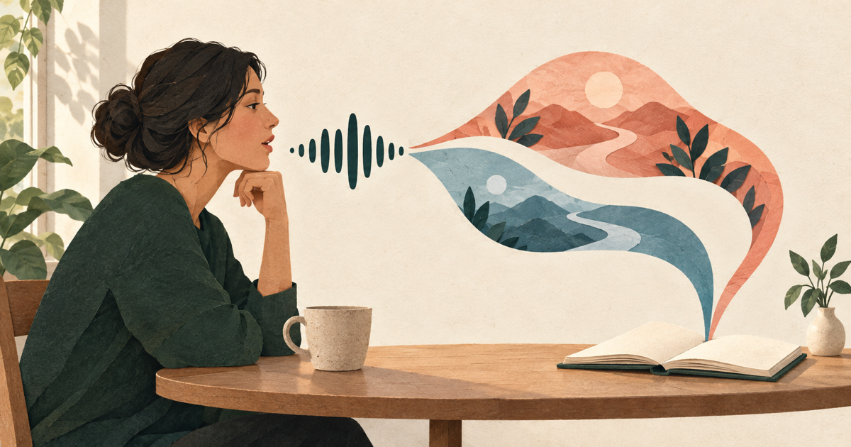 A person speaks toward a teal waveform as two coral and blue paper paths converge beside an open journal.
