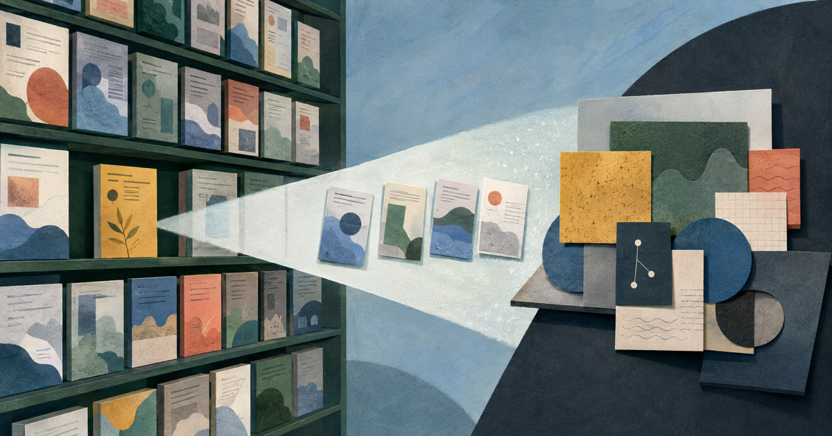 Lound editorial illustration of one journal page remaining on a library shelf while an AI search beam retrieves several nearby pages.