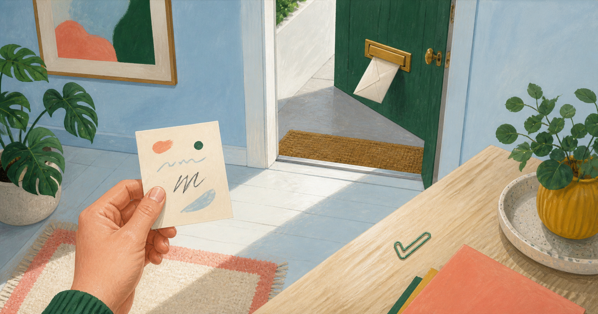 Lound editorial illustration of a posted envelope beside a remaining reminder slip, showing how an old cue can outlast a completed task.