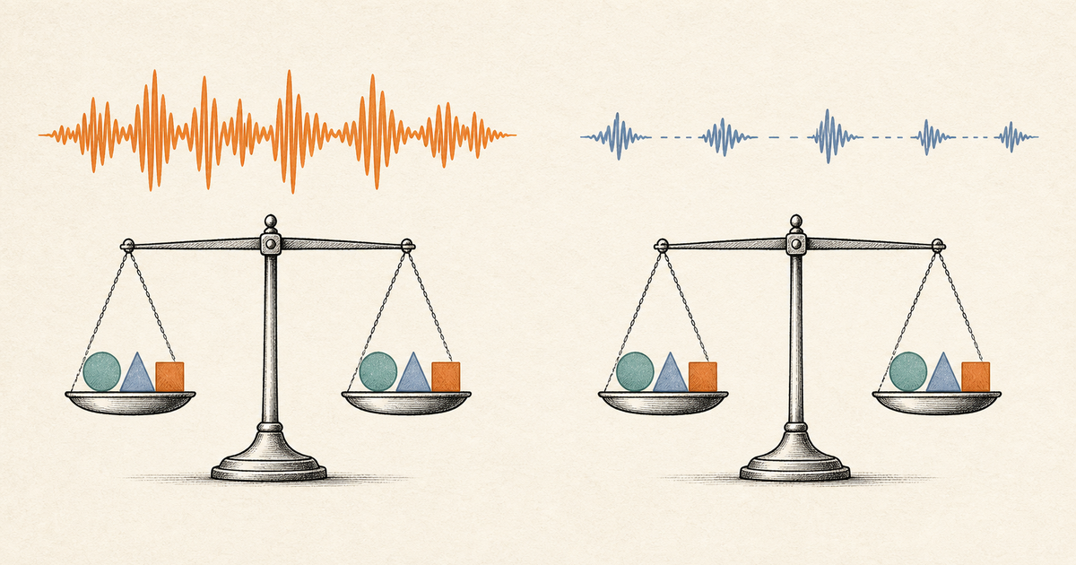 Lound editorial illustration of two equally weighted claims delivered by waveforms with very different levels of vocal confidence.