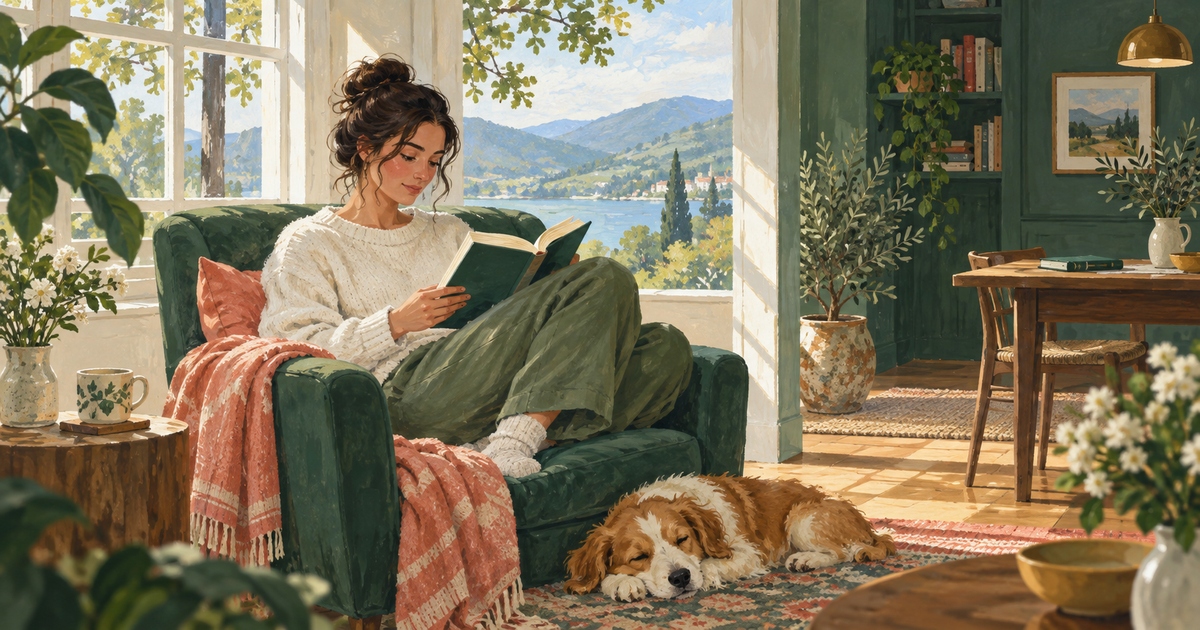 A person sits by a window with a novel while a closed work notebook rests on a distant table.