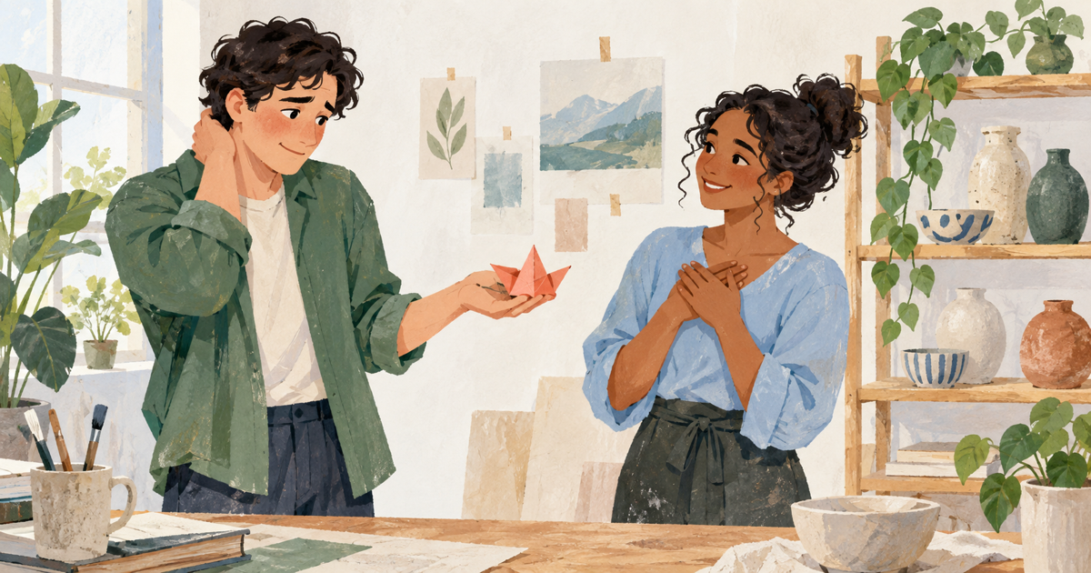 Lound editorial illustration of one colleague hesitantly offering a folded paper shape while another receives it with a pleased smile.