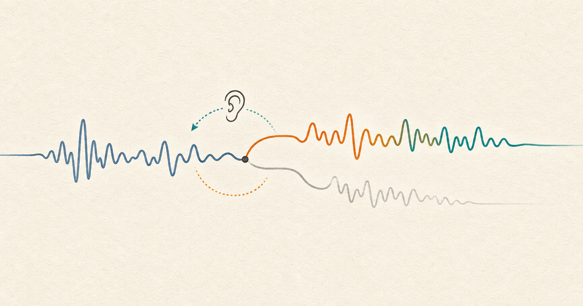 Lound editorial illustration of a spoken sentence branching backward at a correction and continuing along a clearer path.