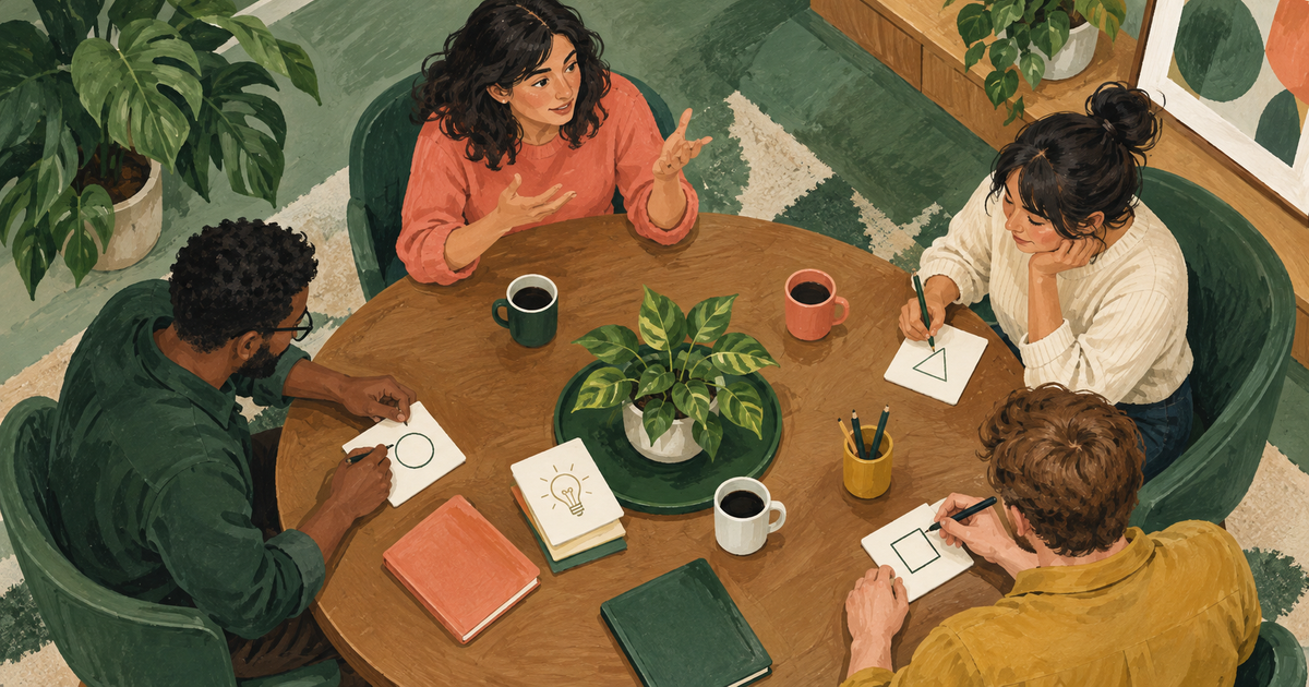 People around a meeting table draw different small sketches while one person speaks.