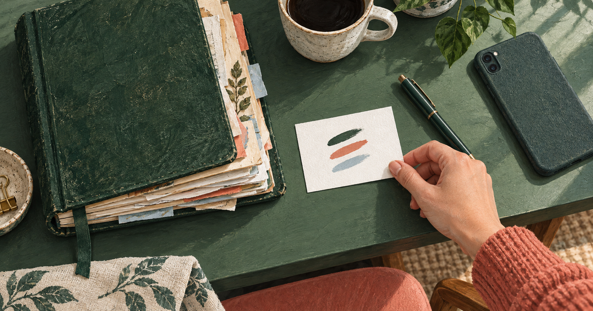 A hand sets a small three-line note beside a thick journal on a green desk.