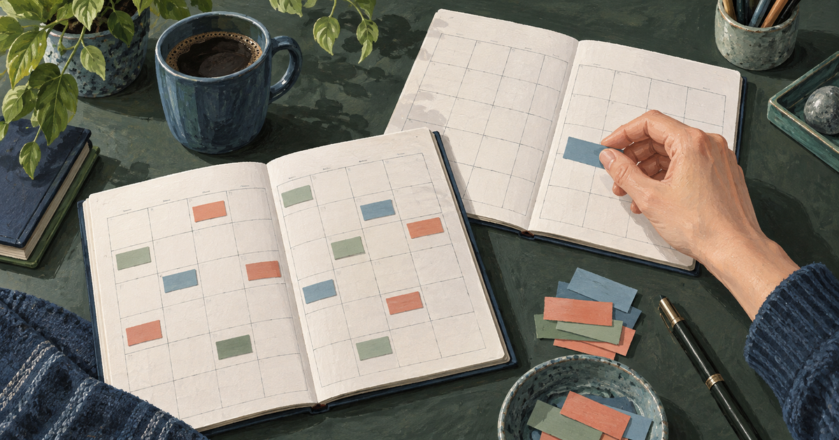Two blank calendar grids sit on a desk, with recurring colored commitments waiting beside the apparently empty future page.