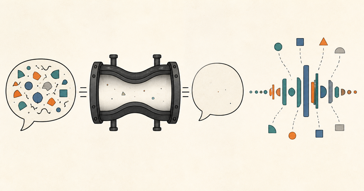 Lound editorial illustration of scattered thoughts passing through a pressure chamber before forming a clear reply too late.