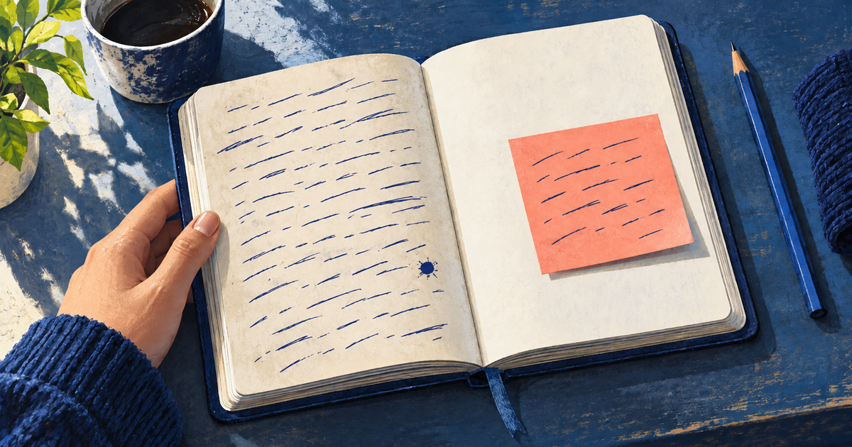 An open blue journal preserves an older page while a separate coral note holds a new response.