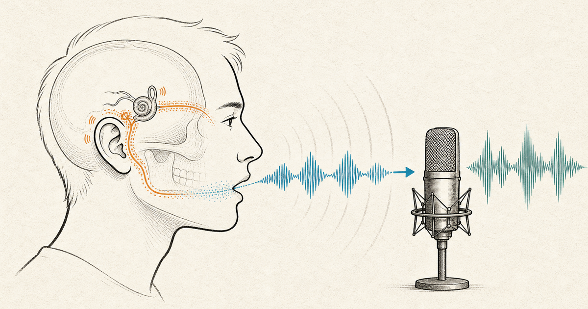 Lound editorial illustration of one spoken waveform reaching a listener through air while a second route travels through the speaker's head.