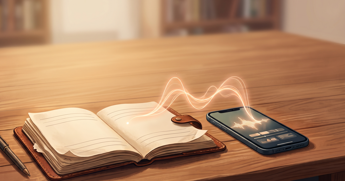 Illustration of an open paper notebook beside a phone, with a glowing voice waveform flowing from the notebook page onto the phone screen.