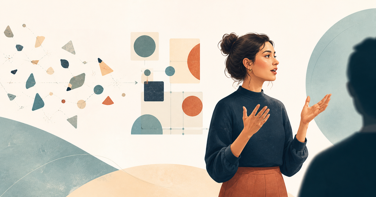 Lound editorial illustration of a person teaching a concept out loud while disconnected fragments lock into a clear structure.