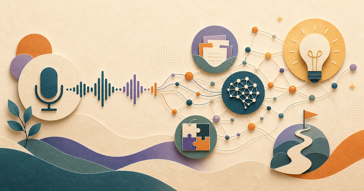 Lound editorial illustration of a voice waveform activating an abstract cognitive network of memory and idea nodes.