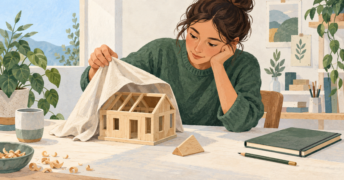Lound editorial illustration of a person uncovering an unfinished wooden model to inspect the one piece still missing.