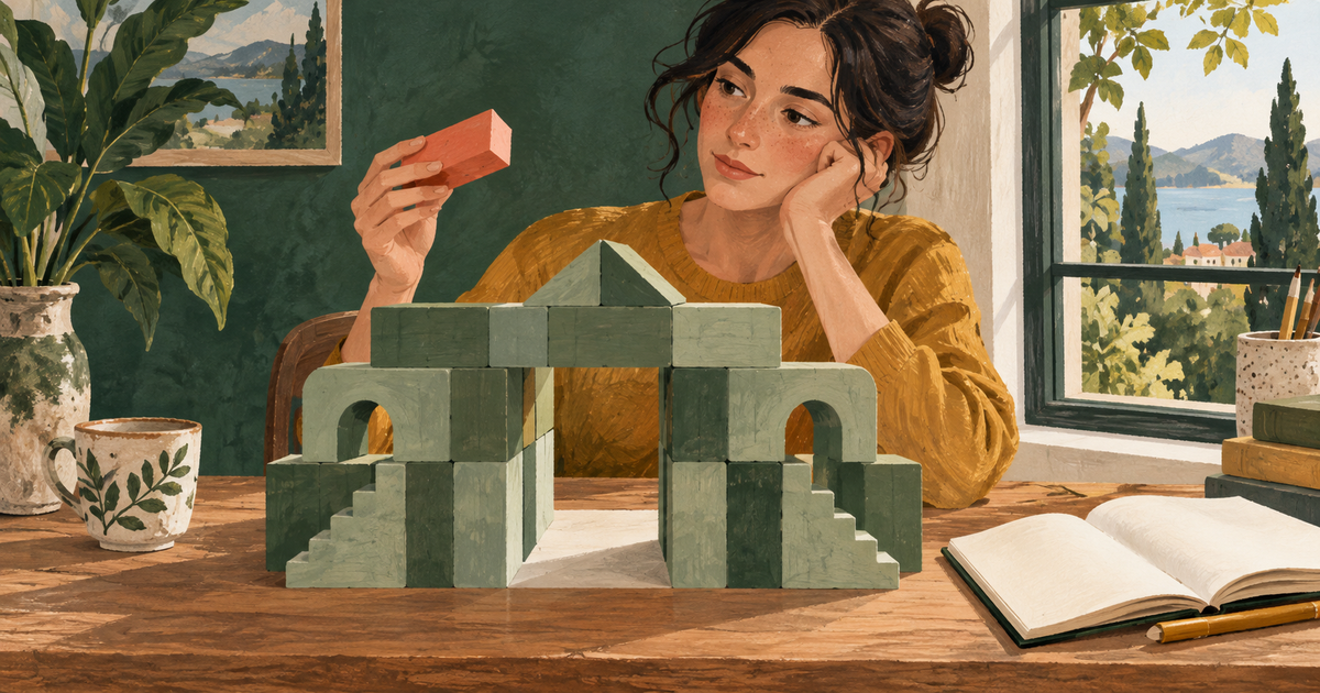A person removes a coral block from a green architectural model, opening a clear passage through it.