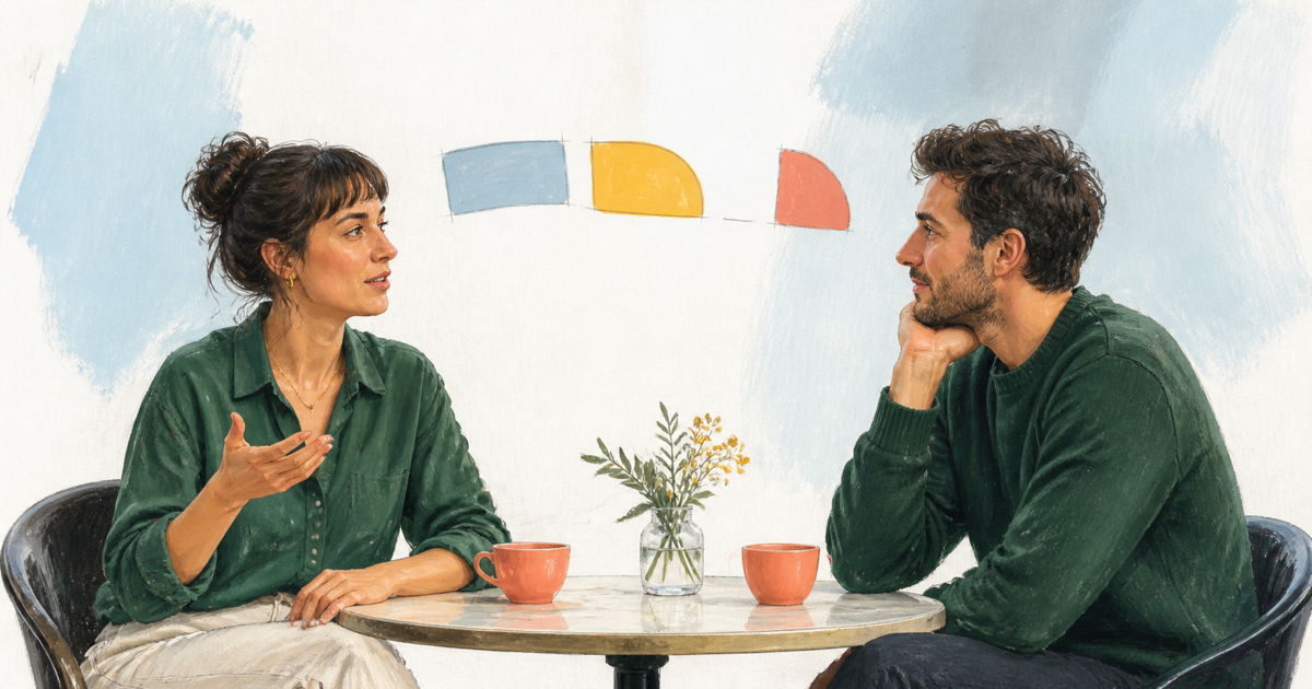 Lound editorial illustration of two people in conversation, with an unfinished spoken shape giving the listener space to anticipate the next idea.