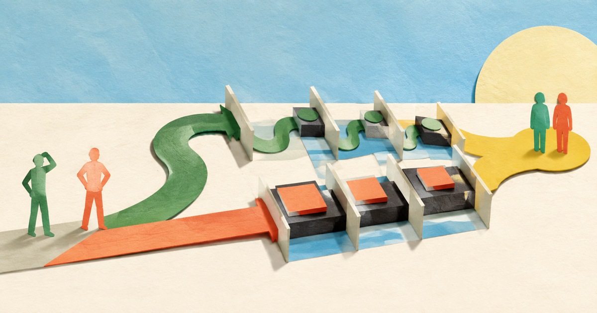 Lound editorial illustration of a curved green path and straight coral path crossing repeated test stations before converging.