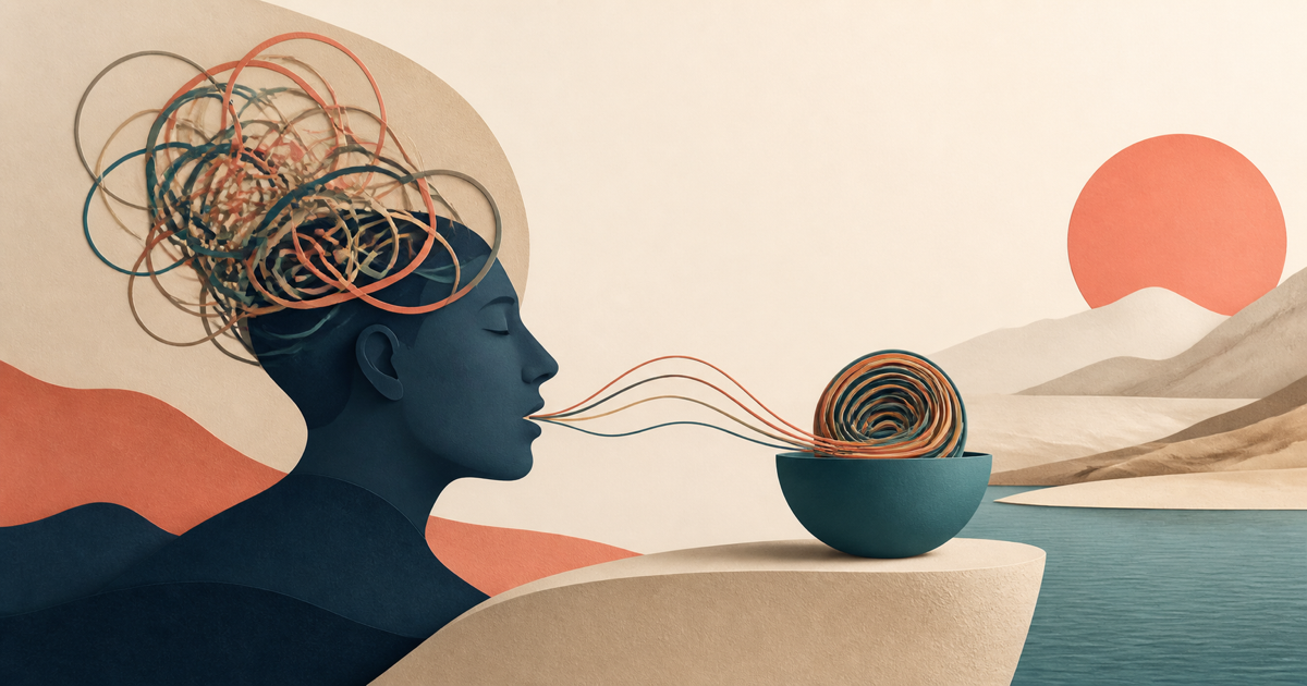 Lound editorial illustration of looping unfinished thoughts settling once they are turned into a concrete next-step plan.